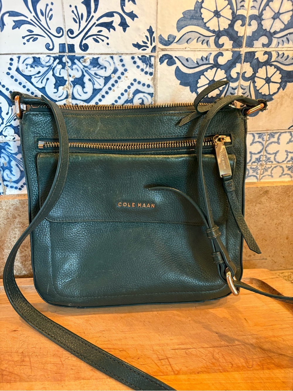 Cole Haan Teal Green Pebbled Leather Crossbody with Gold Hardware